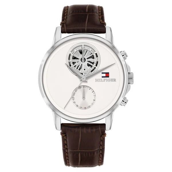 Tommy Hilfiger Quartz Multifunction White Dial Brown Leather Strap Watch For Men