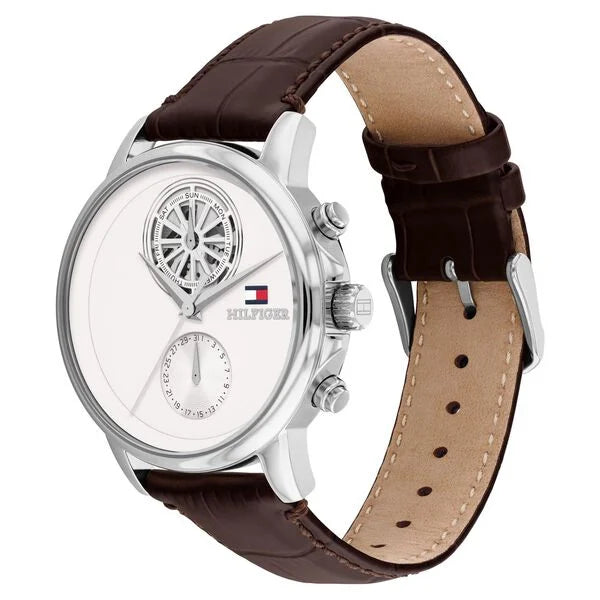 Tommy Hilfiger Quartz Multifunction White Dial Brown Leather Strap Watch For Men